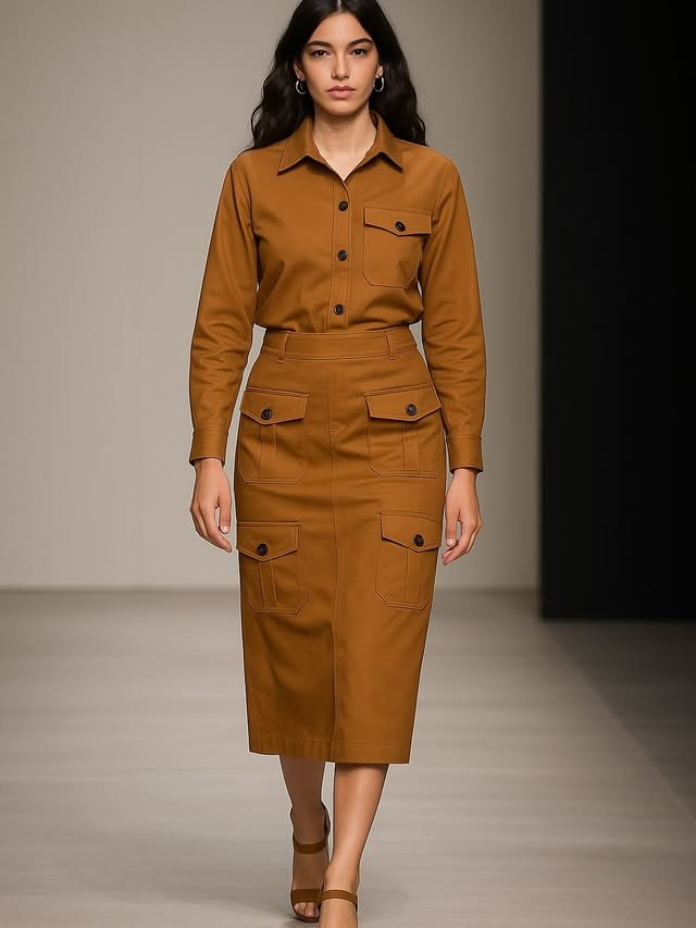 NISHA en pasarela — conjunto utility caramelo